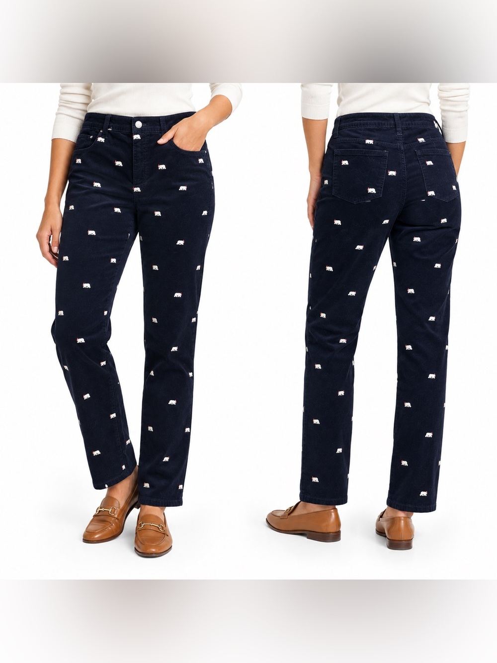 Talbots Women’s Navy Corduroy Straight Leg Pants Embroidered Polar Bear Print